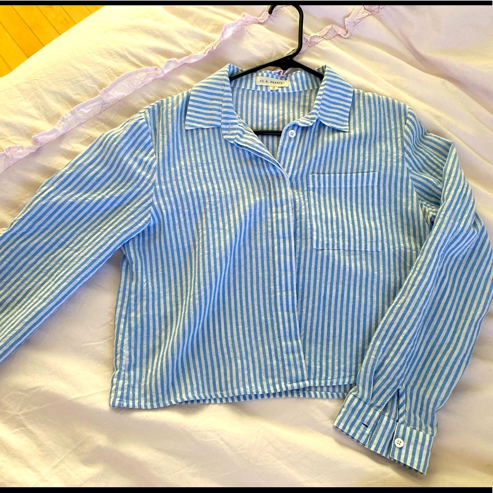 Cropped Blue & White Striped Button Up